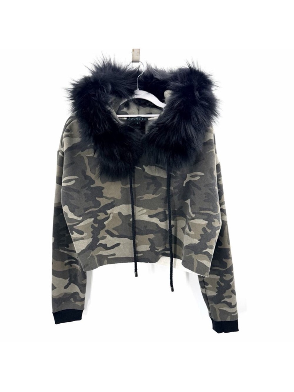 Jocelyn Camouflage Cropped Fox Fur Hood Trim Hoodie Sweatshirt Womens Medium